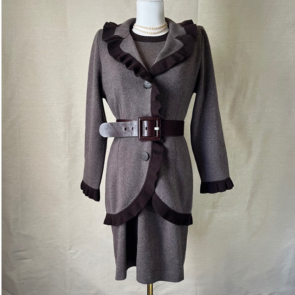 Vintage 90s Fathi Due France Pure Cashmere Ruffle Jacket & Dress Set 2-Piece M/L